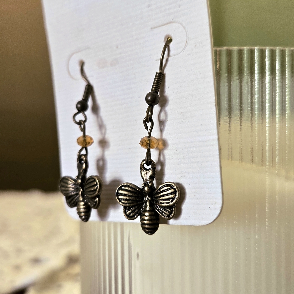 Bee Charm Dangle Earrings in Antique Gold with Amber Accents